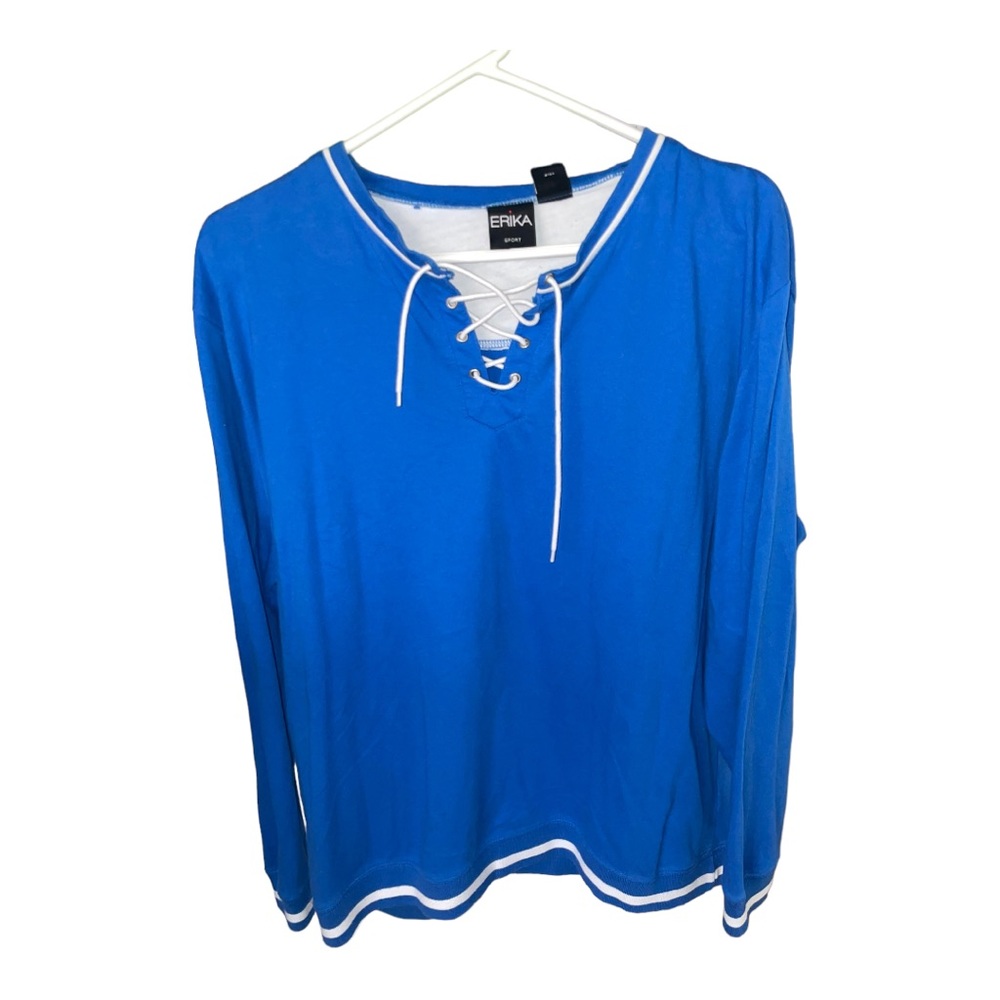 Erika Sport Pullover Top Lace Up V-Neck Blue Stretch Long Sleeve Size large